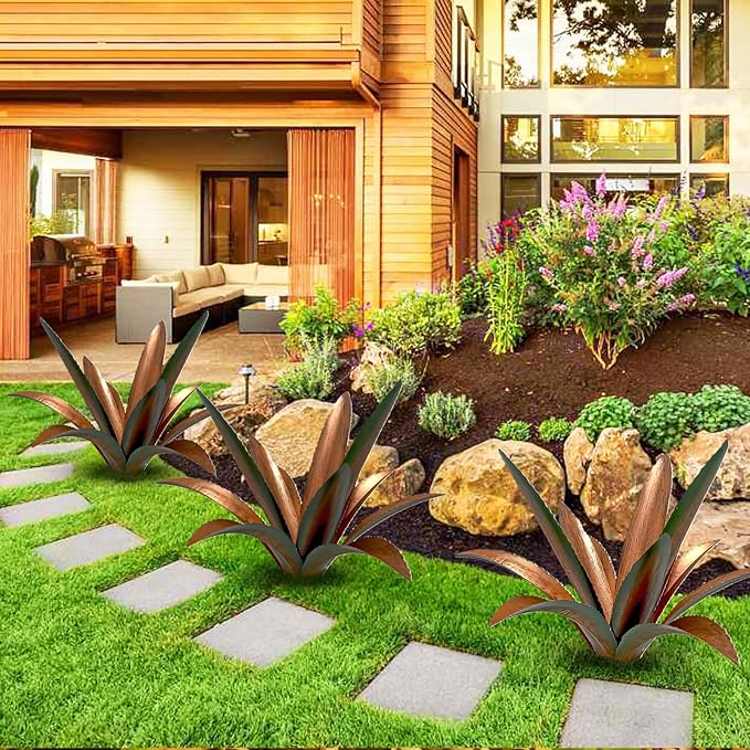 Metal Agave Plant Art Yard Large Tequila Rustic Sculpture Statue - Outdoor Decoration Agave Metal Plant Courtyard Garden Lawn Ornament Stakes Gift - 12 Leaves