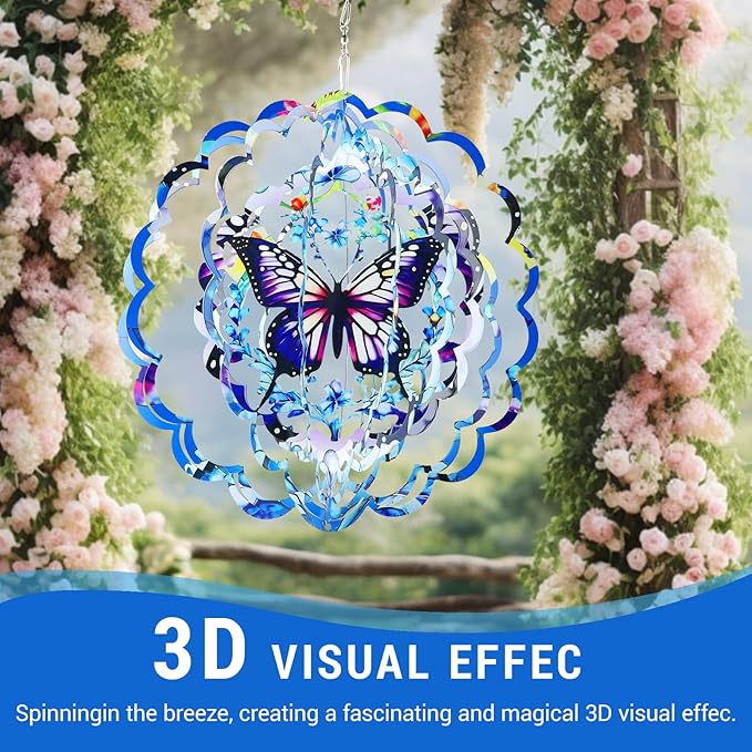 Wind Spinners Butterfly Outdoor - 12 Inch 3D Butterfly Metal Hanging Wind Spinners for Garden Outside Patio Yard Decor, Ornament Gift for Women Mom Grandma Wife
