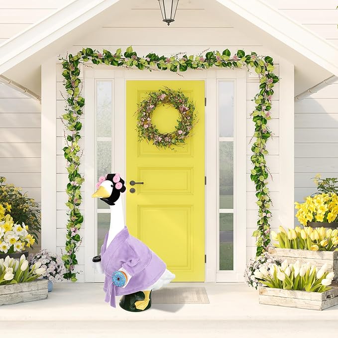Porch Goose Outfits for 23 Inches Lawn Goose Statue, Purple Bathrobe Clothes with Hair Curlers, Coffee Cup & Donut Accessories for Funny Spa Yard Garden Patio Decor
