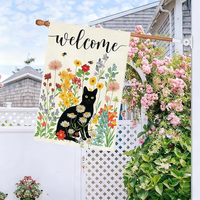 Baccessor Spring Summer Black Cat House Flag Double Sided 28x40 Inch Burlap,Floral Flowers Welcome Large Garden Flag Porch Patio Front Yard Seasonal Farmhouse Outside Outdoor Decor