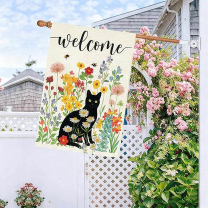 Baccessor Spring Summer Black Cat House Flag Double Sided 28x40 Inch Burlap,Floral Flowers Welcome Large Garden Flag Porch Patio Front Yard Seasonal Farmhouse Outside Outdoor Decor