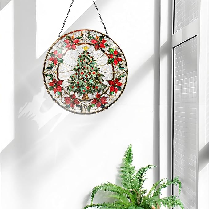 Bimkole Christmas Tree Stained Glass Suncatcher Window Hanging - Leaves Indoor Window or Doorway Decoration - Handmade Sun Catcher Decor for Garden Home Christmas & Birthday Gifts 7.87x7.87 inch