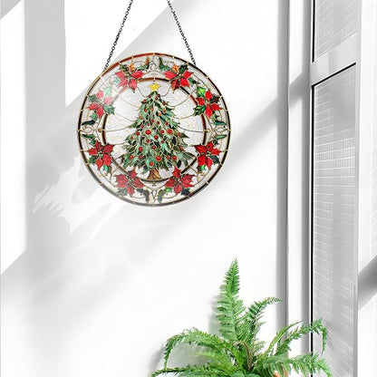 Bimkole Christmas Tree Stained Glass Suncatcher Window Hanging - Leaves Indoor Window or Doorway Decoration - Handmade Sun Catcher Decor for Garden Home Christmas & Birthday Gifts 7.87x7.87 inch