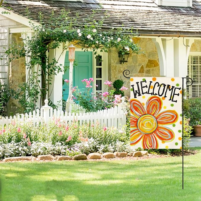 AVOIN colorlife Summer Floral Garden Flag 12x18 Inch Double Sided Outside, Welcome Seasonal Polka Dots Yard Outdoor Flag
