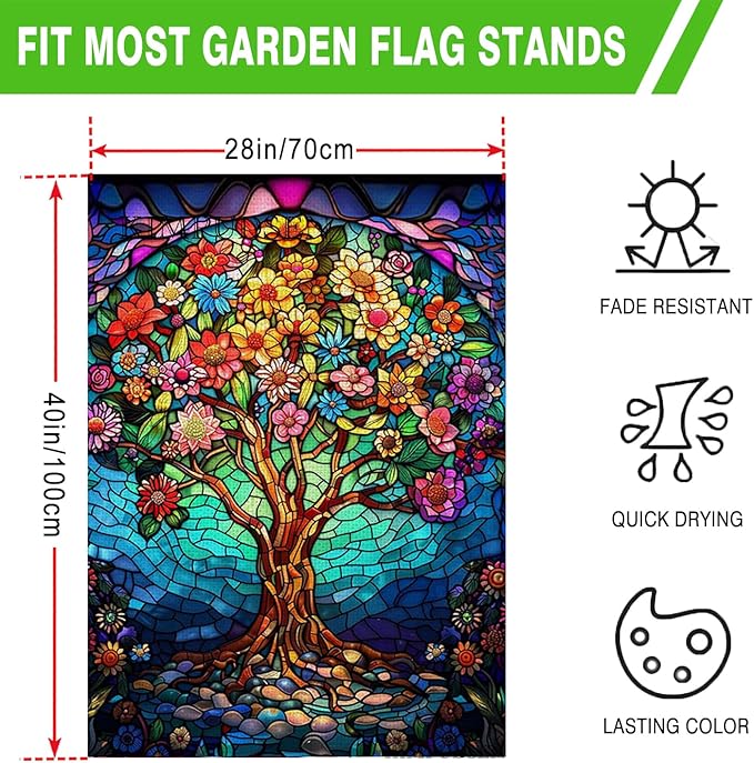 Floral Tree of Life House Flag 28x40 Inch Double Sided Outside, Stained Glass Spring Summer Large Burlap Yard Flag Double Sided Outdoor Decoration