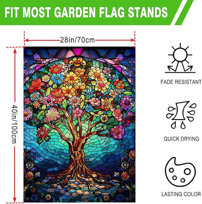 Floral Tree of Life House Flag 28x40 Inch Double Sided Outside, Stained Glass Spring Summer Large Burlap Yard Flag Double Sided Outdoor Decoration