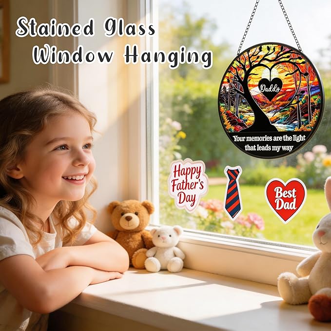 Memorial Sun Catcher for Dad - Your Memories are The Light 6.3" Stained Glass Window Hanging - Emotional Dad Gifts for Birthday, Christmas - Home Decor & Garden Color Catcher