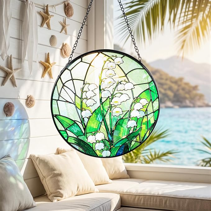 Stained Glass Window Hanging, Lily of the Valley Suncatcher 7.8 in Sun Catcher Boho Wall Art Decor with Chain Diamond Glass Panel Hangings Scenery Sun Catchers Decor for Lover Couple Mom
