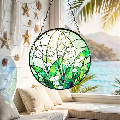 Stained Glass Window Hanging, Lily of the Valley Suncatcher 7.8 in Sun Catcher Boho Wall Art Decor with Chain Diamond Glass Panel Hangings Scenery Sun Catchers Decor for Lover Couple Mom