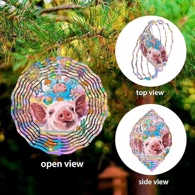 WIRESTER Hanging Wind Spinner 8 Inch, Metal 3D Wind Sculpture Ornament Decoration for Home Yard Garden Patio Balcony Indoor Outdoor - Playful Baby Pig