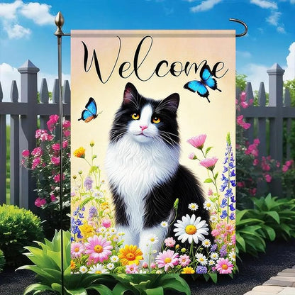 BlissYard Welcome Garden Flag Spring Summer Cat Garden Flag 12x18 Inch Double Sided Flags Black White Cat Floral Butterfly Outdoor Yard Lawn Porch Decor Banner