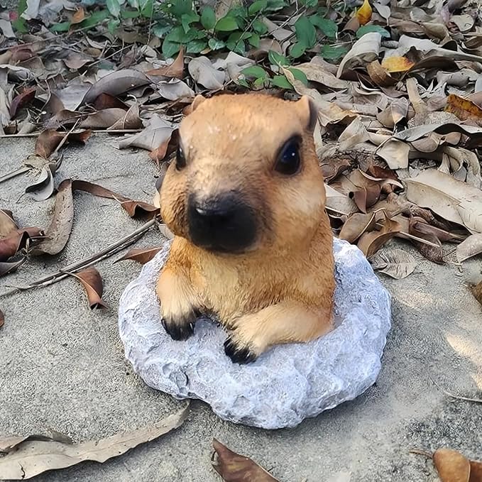Garden Groundhog Statue, Tan Resin Wildlife Figurine, Rustic Outdoor Decoration, 5.2x5.2x5.2 Inches, Matte Finish