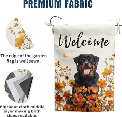 Rottweiler Fall Garden Flag Autumn Dog Yard Sign Orange Floral Thanksgiving Outdoor Banners for Outside 12x18 Double Sided Small Wild Flower Lawn Decorations