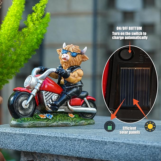 Joint Honglin Decorative Highland Cow on Motorcycle Statue with LED Headlight - Rustic Outdoor Garden Ornament, Biker Cow Figurine for Yard, Patio, or Home Decor Gifts