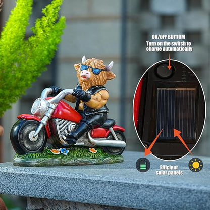 Joint Honglin Decorative Highland Cow on Motorcycle Statue with LED Headlight - Rustic Outdoor Garden Ornament, Biker Cow Figurine for Yard, Patio, or Home Decor Gifts