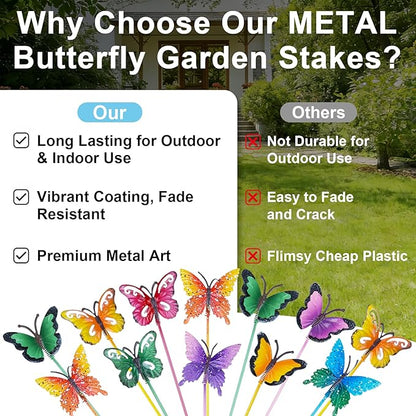 hogardeck Garden Decor for Outside, Set of 20 Metal Butterfly Decorative Garden Stakes for Spring Decor, Yard Art Garden Decorations for Outdoor Lawn Pathway Patio