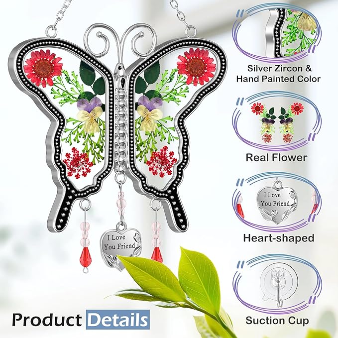 KY&BOSAM Suncatcher Butterfly Stained Glass Friend Butterfly Suncatchers Ornament hangings for Windows Wind Chime with Pressed Flower Butterfly Embedded in Glass Mother`s Day Birthdays