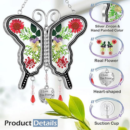 KY&BOSAM Suncatcher Butterfly Stained Glass Friend Butterfly Suncatchers Ornament hangings for Windows Wind Chime with Pressed Flower Butterfly Embedded in Glass Mother`s Day Birthdays
