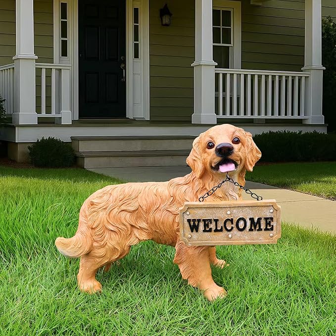 Golden Retriever Garden Statue with Solar Lantern & Double-Sided Welcome Sign, Lifelike Dog Figurine Outdoor Yard Decor, Puppy Sculpture Patio Lawn Ornament Pet Memorial Gift