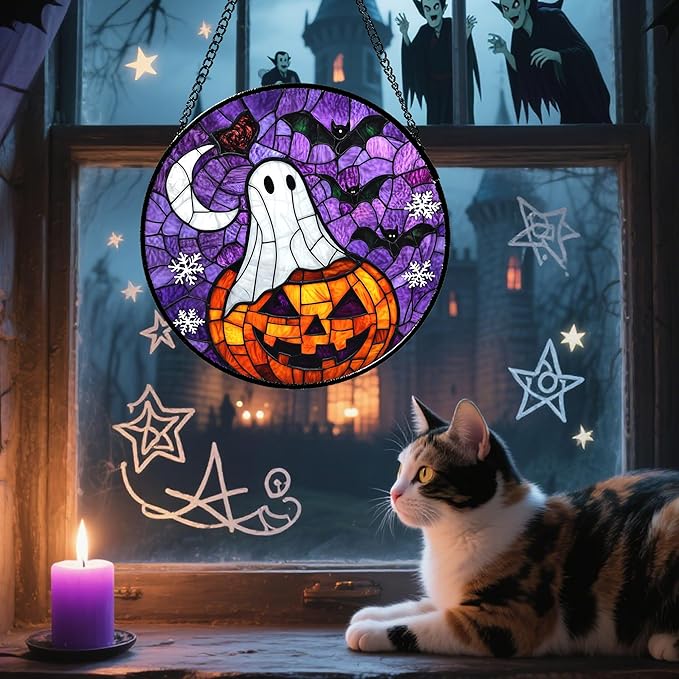 Stained Glass Window Hanging Halloween Horror Pumpkin 9.8" - Suncatcher Door Garden Sunroom Gothic Style Ghost Bat Sun Catcher Birthday for Friend Mom Men Woman Nana
