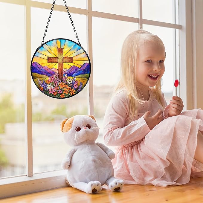 Cross Flower Suncatchers Stained Glass Window Hanging, Easter Christian Wildflower Landscape Sun Catchers Indoor Window Glass Round Wall Decor, 7.9x7.9in