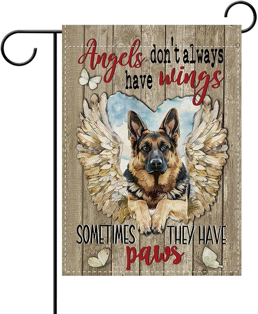 Dyrenson Memorial German Shepherd Dog Garden Flag, Angels Don't Always Have Wings Cemetery Yard Outside Home Decoration Gifts for Loss of Dog, Pet Farmhouse Outdoor Small Decor Double Sided 12 x 18