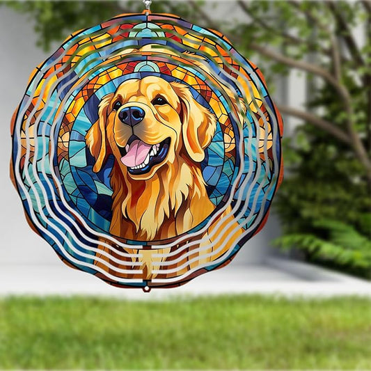 Golden Retriever Wind Spinner Pet Dog Memorial Gifts, Vibrant 3D Kinetic Aluminum Metal Hanging Outdoor Garden Decor, Loss of Dogs Sympathy Gifts, 8" Wind Sculptures for Patio, Porch Yard Art (GR7)