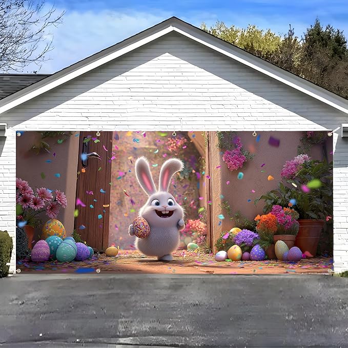 Easter Garage Door Banner Cover, Easter Bunny Colorful Eggs Spring Party Backdrop Decor, Garage Door Cover For Outdoor Yard Holiday Decoration (Cute Bunny)