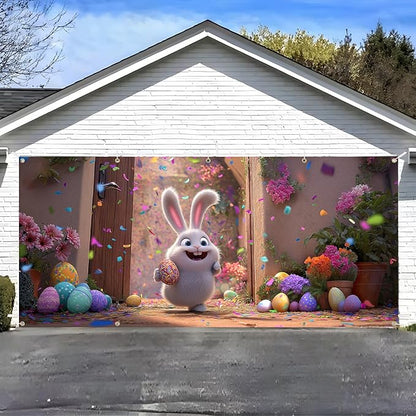 Easter Garage Door Banner Cover, Easter Bunny Colorful Eggs Spring Party Backdrop Decor, Garage Door Cover For Outdoor Yard Holiday Decoration (Cute Bunny)