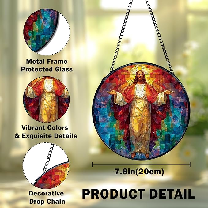 Easter Jesus Christian Suncatcher Stained Glass Window Hanging, Jesus Religious Sunshine Sun Catchers Indoor Window Glass Wall Art Decor, Christian Wall Hanging Decor, 7.9x7.9 Inch