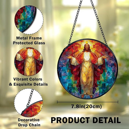 Easter Jesus Christian Suncatcher Stained Glass Window Hanging, Jesus Religious Sunshine Sun Catchers Indoor Window Glass Wall Art Decor, Christian Wall Hanging Decor, 7.9x7.9 Inch