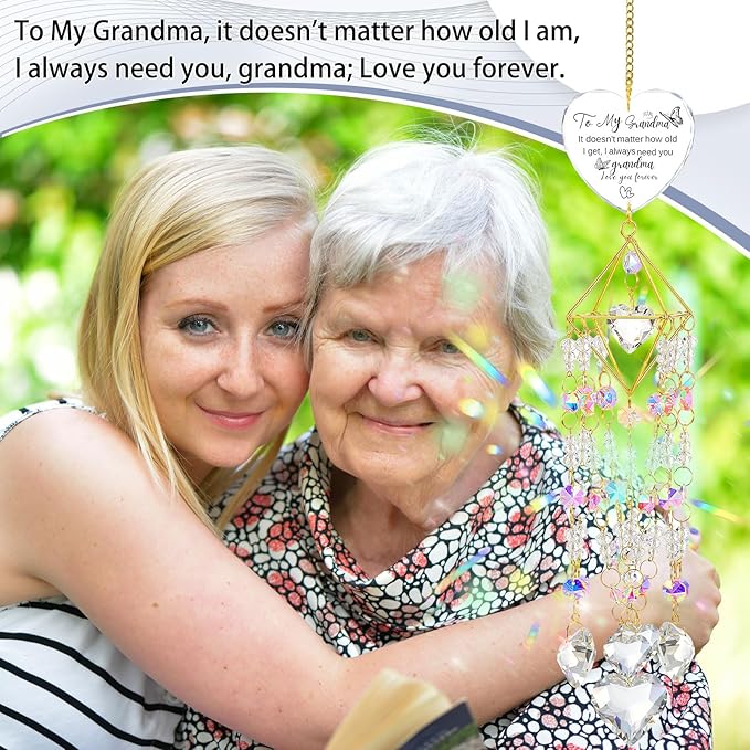 AceOrbit Grandma Thank You Gift, Crystal Suncatchers for Window Hanging Wind Chime Garden Suncatchers Rainbow Indoor Outdoor Decor Dazzling Unique Birthday Gifts for Grandma