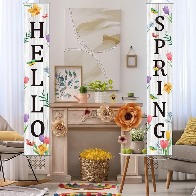 Hello Spring Porch Banner for Front Door Spring Door Banner Colorful Floral Green Leaves Porch Sign Hanging Flag Vintage Spring Decorations Seasonal For Yard Indoor Outdoor Decorations