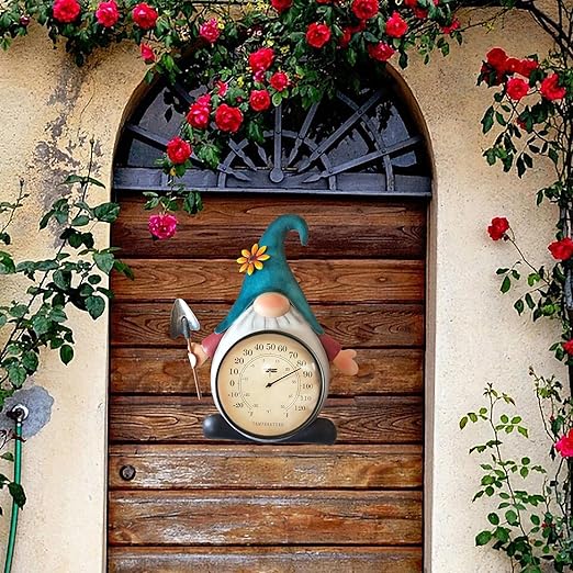 Metal Gnome Thermometer Indoor Outdoor Wall Art Decor Plaque Sculpture Hanging Mounted for Living Room Bedroom Kitchen Workroom Patio, Waterproof, No Battery Required