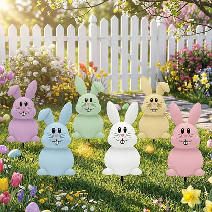 6 Pcs Outdoor Easter Bunny Decorations, 15.7 Inch Metal Easter Bunny Garden Stakes, Double-Sided Pastel Rabbit Yard Signs with Stakes for Spring Lawn Patio Garden Decor & Photo Props