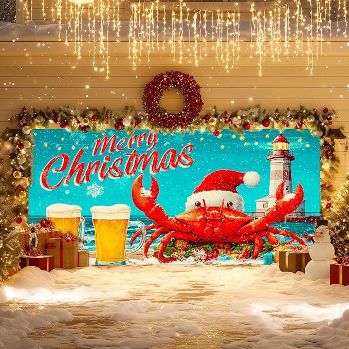 IVN Christmas Garage Door Banner 13x6 ft Merry Christmas Garage Door Cover Santa Crab Lighthouse Winter Coastal Home Door Front Yard Decor for Xmas Eve Holiday Outdoor