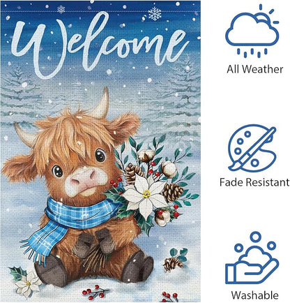 Heyfibro Welcome Winter Highland Cow Garden Flag 12x18 Inch Double Sided Burlap, Christmas Flower Pine Snowflake Snow Yard Flags for Seasonal Xmas Outside Outdoor Decoration (ONLY FLAG)