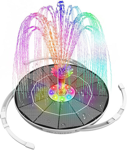AISITIN 6.5W Solar Fountain for Bird Bath with 3000mAh Battery & Color Changing LED Light, 3 Anti-Drift Fixed Bracket & 8 Nozzles, Solar Water Fountain for Bird Bath, Garden, Pond, Patio, Courtyard