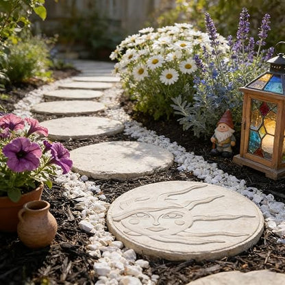 Sun Face Garden Stepping Stone- Round 12-Inch Decorative Concrete Stone, Pure Color for Outdoor Pathways Celestial Sun Face Cynkeyee