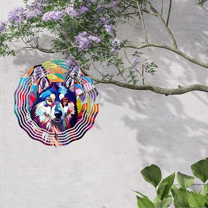 Husky Wind Spinner Pet Dog Memorial Gifts, Vibrant 3D Kinetic Metal Yard Art, Loss of Dogs Sympathy Gifts, Hanging Outdoor Garden Decor, 8" Decorative Wind Sculptures for Patio, Porch (Husky 4)