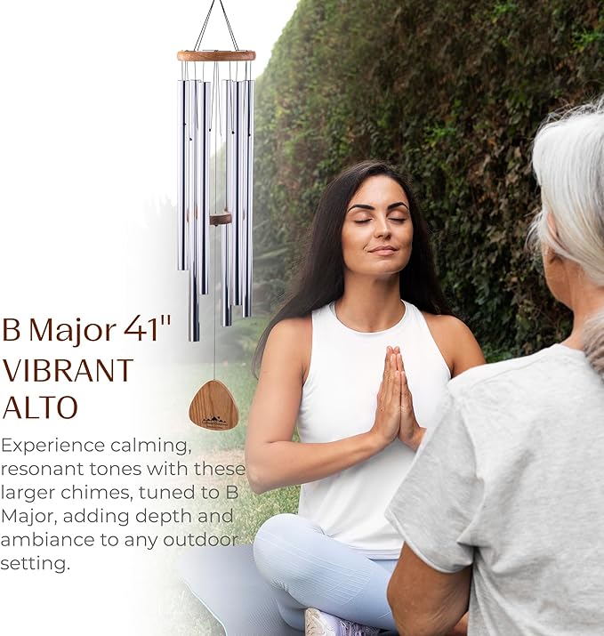 UpBlend XL Wind Chimes for Outside Gift – Deep Tone Wind Chime with Decorative Stone – Garden and Patio Décor for Porch or Yard, Elegant Outdoor Ornament, Meaningful Gift for Neighbors. 41” Silver.