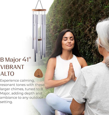UpBlend XL Wind Chimes for Outside Gift – Deep Tone Wind Chime with Decorative Stone – Garden and Patio Décor for Porch or Yard, Elegant Outdoor Ornament, Meaningful Gift for Neighbors. 41” Silver.