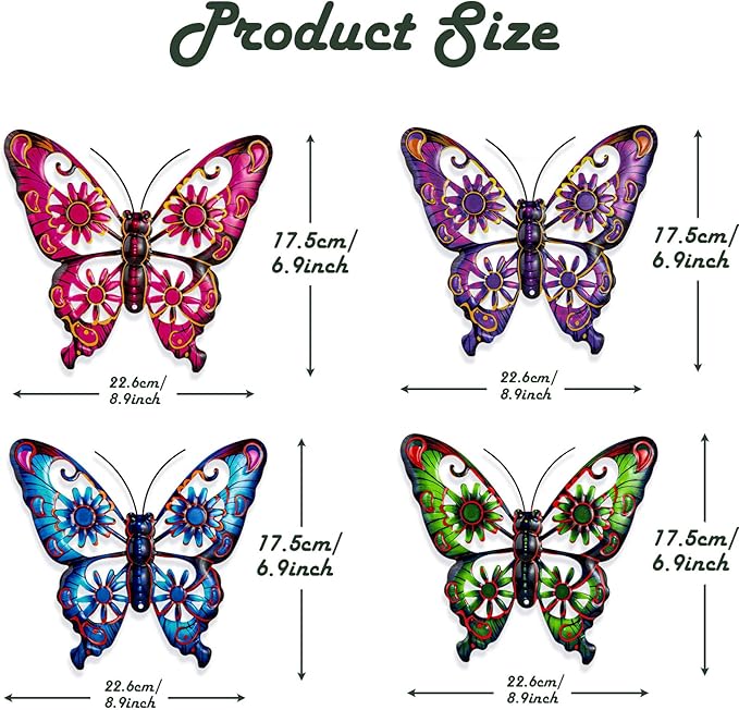 Pipilily 4 Pieces Metal Butterfly Wall Art Decor, Outdoor Indoor Fence Metal Wall Sculptures, Hanging Decoration for Garden Yard Living Room Bedroom Patio Balcony (Color Set 2)
