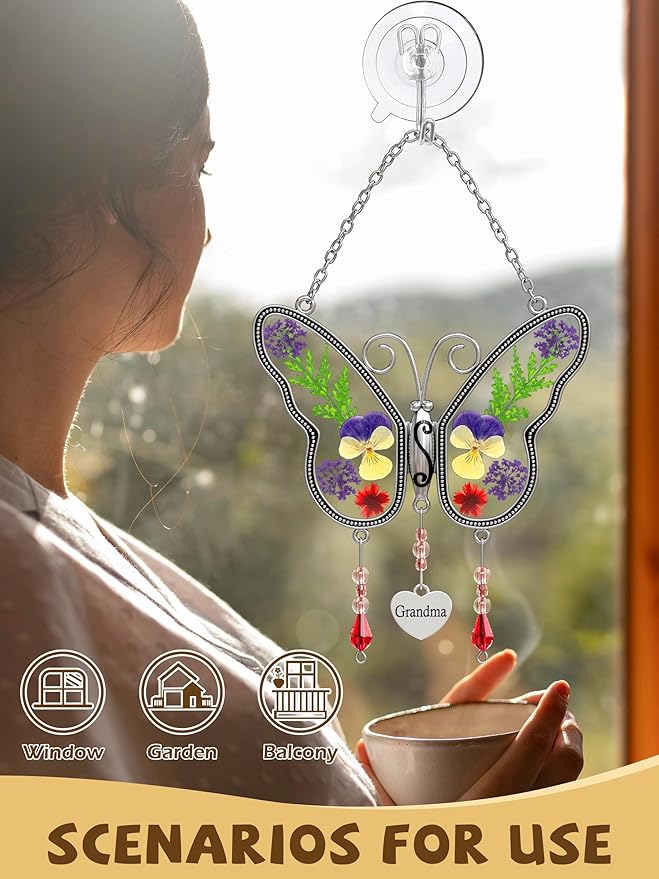 Butterfly Suncatcher Grandma Stained Glass Sun Catcher for Windows Hangings Ornament with Pressed Real Flower Wings in Glass and Metal Heart Charm Birthday Gift for Women Mothers Day Christmas