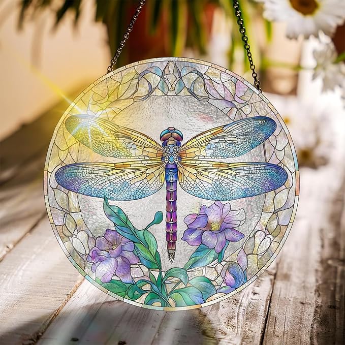 Bimkole Dragonfly Stained Glass Suncatcher Window Hanging - Flower Indoor Window or Doorway Decoration - Handmade Sun Catcher Decor for Garden Home Christmas & Birthday Gifts 7.87x7.87 inch