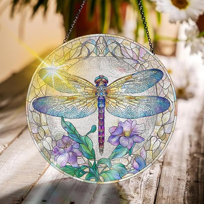 Bimkole Dragonfly Stained Glass Suncatcher Window Hanging - Flower Indoor Window or Doorway Decoration - Handmade Sun Catcher Decor for Garden Home Christmas & Birthday Gifts 7.87x7.87 inch