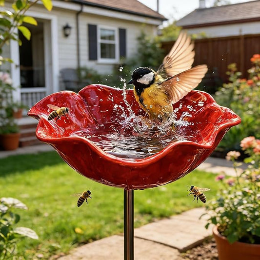 Handmade Metal Flower Garden Stake, Metal Flower Garden Stake Bird Bath,Bee Butterfly Water Feeder with Flower Design for Garden Lawn Yard Decor (1PCS)
