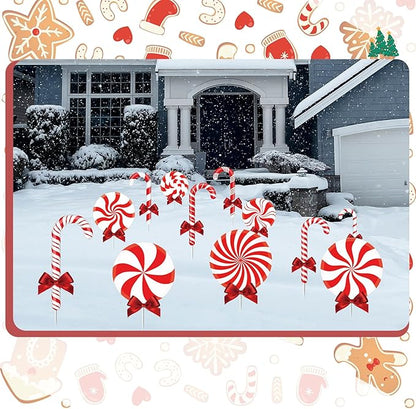 Glenmal 12 Pcs Christmas Yard Decor Outdoor Peppermint and Candy Cane Yard Decorations with Stakes Waterproof Xmas Garden Lawn Pathway Decorations Christmas Decor Outside(Red Peppermint)