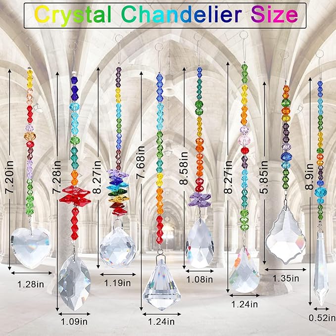 JULMELON 8 Pieces Colorful Crystals Suncatcher Hanging for Window, Rainbow Octogon Chakra Pendants Suncatchers with Crystals Beads Chain for Home Garden Christmas Day Party Wedding Decoration