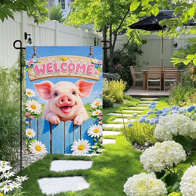IVN Welcome Pig Spring Garden Flag 12x18 Inch Funny Piglet Watercolor Blue Garden Gate Fence Daisies Pink Flower Dasiy Watering Can Floral Double Sided Burlap Vertical Small Yard House Flag Seasonal Outdoor Decoration for Outside Home Front Door Lawn P...